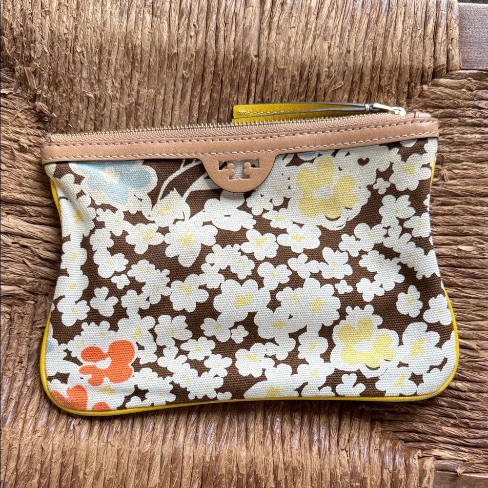 Tory Burch Floral Brown and Yellow Cosmetic Bag